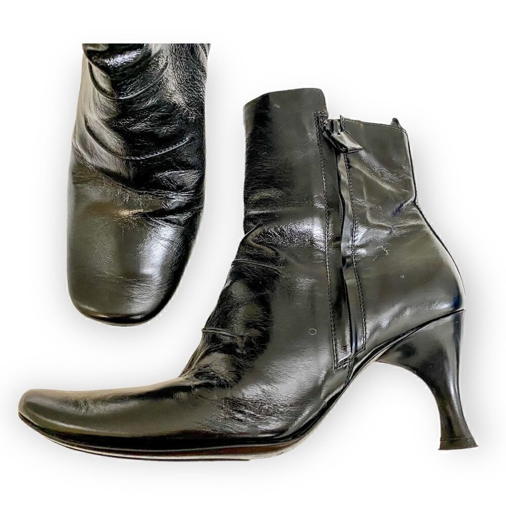 Vintage Costume National Black Crinkled Patent Leather  Double Zip Booties, 38EU